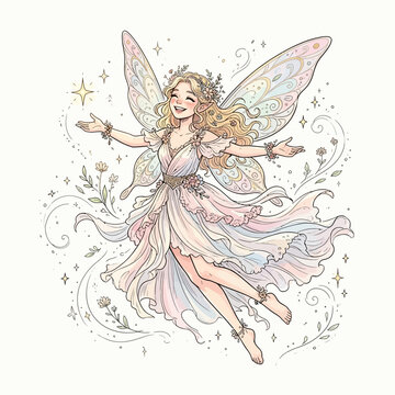 Cute fairy illustration with wings and flowers in a whimsical fantasy art style