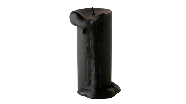Black pillar candle with dripping wax isolated on transparent background for png design element usage