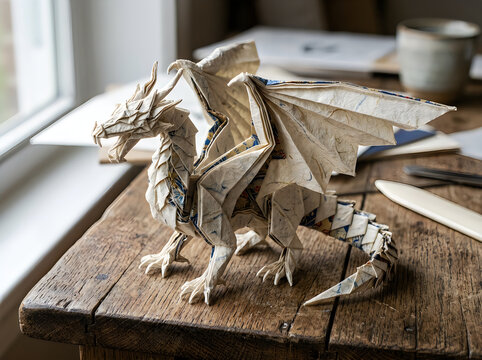 Paper dragon craft sculpture on a wooden table