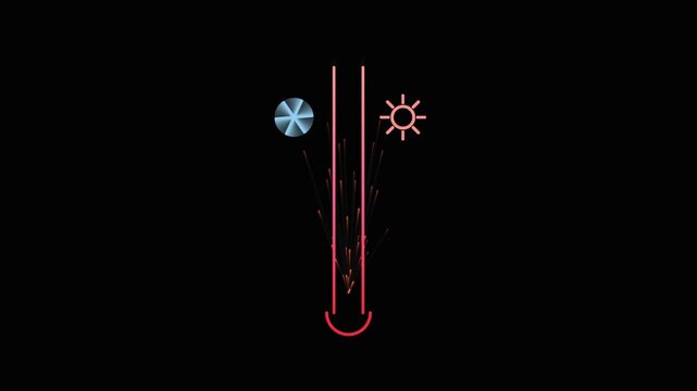 Minimalist thermometer icon with sun and snowflake symbols on black background
