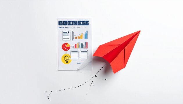 Minimalist white background with red paper airplane angled upward toward colorful business infographic icons including charts, gear, dollar sign, and growth symbols.