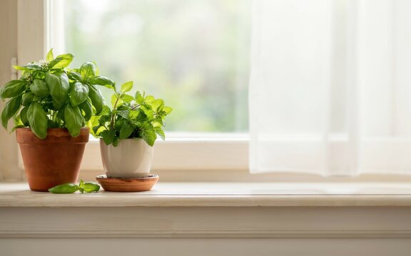 Fresh potted basil and mint herbs resting on a bright sunny wooden window sill surface with displays vibrant green ceramic pots arranged soft natural daylight