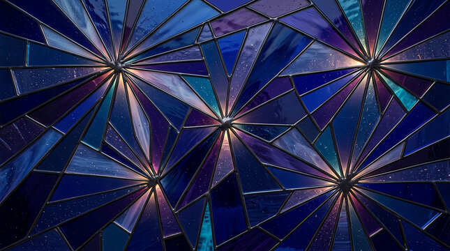 Abstract dark blue geometric pattern with star shapes and light rays