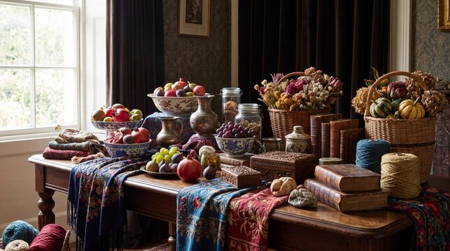 vibrant still life arrangement, a vibrant table filled with an eclectic array of colorful textures