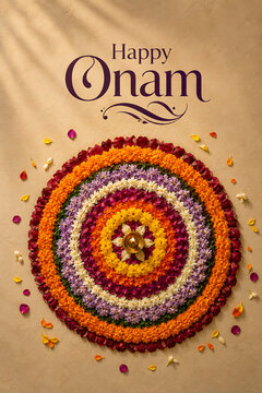 Top view of beautiful flower rangoli with lit brass lamp representing happy onam an incredibly bright south indian festival in kerala households