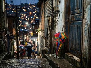 Naklejka premium Colorful umbrella in urban alley at night