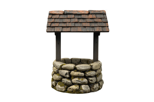 Rustic stone water well with wooden shingle roof