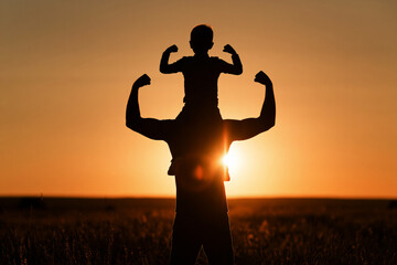Fototapeta premium dark silhouette of a father carrying his young son on his shoulders in an open grassy field at sunset,