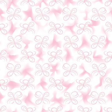 Stylish abstract loopy wavy line seamless pattern. Pink and white gentle blurred texture with bow and blur chaotic shapes for fabric design, wallpapers, textile.
