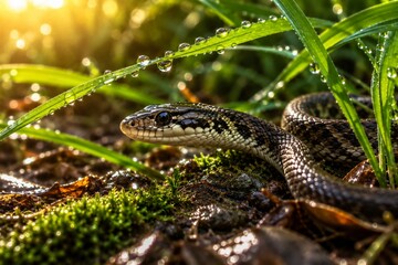 Obraz premium Wild snake in lush tropical forest with morning dew and golden sunrise light