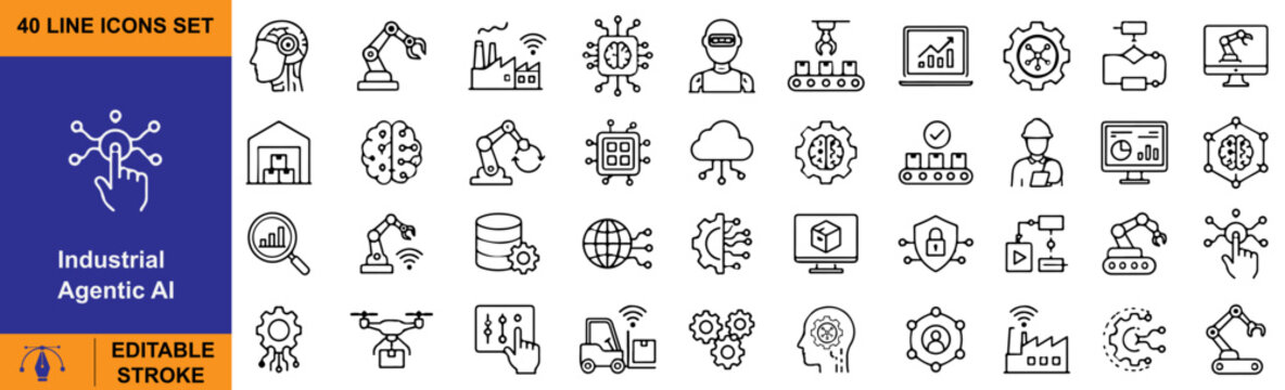 Industrial Agentic AI Vector Outline Icons Set &ndash; Smart Factory, Robotics, Automation and Manufacturing Line Symbols Collection