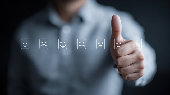 Customer Satisfaction Rating: A man gives a thumbs-up, with a row of emoticon faces showing satisfaction, indicating a positive customer experience and excellent feedback.