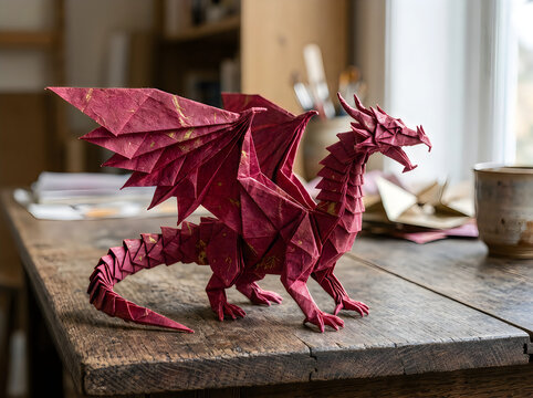 Red paper origami dragon on a rustic wooden table