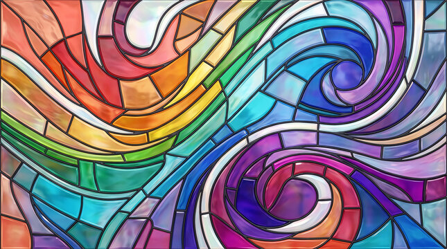 Abstract colorful stained glass pattern with flowing wave shapes and swirls