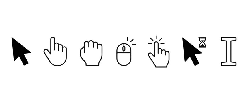 Set of computer mouse cursors and interface pointer icons with interface selection computer navigation touchscreen handshake hourglass collection minimalist
