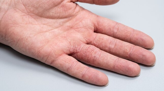 Close up of dry peeling dyshidrotic eczema on palm and fingers