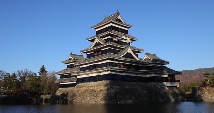 View of the historic Matsumoto Castle with its iconic black exterior and stone foundation reflected in the surrounding moat under a clear blue sky in Matsumoto, Nagano, Japan.
