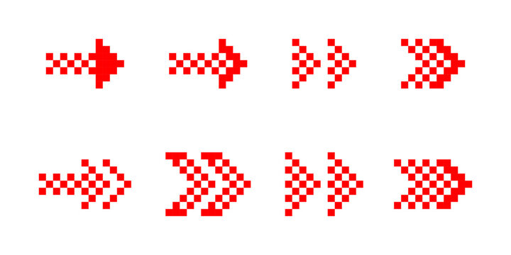 Pixel art red arrow and fast forward icon set, Pixelated arrows pointing to the right, Retro 8-Bit Direction Symbols, Vector illustration, Pixel art.