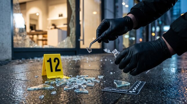 Forensic investigator collecting a broken glass fragment at a crime scene outside a building, documenting physical evidence for criminal investigation and forensic laboratory analysis