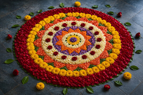 Gorgeous large round pookalam floral rangoli design decorated with colorful flower petals celebrating happy onam beautiful traditional south indian festival in kerala
