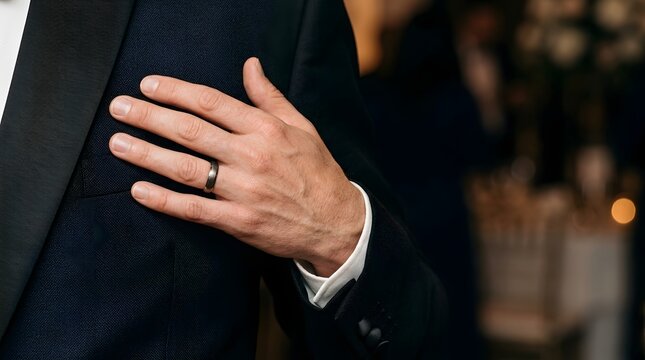 Elegant man hand with wedding ring on dark tuxedo chest, focus on fabric texture and form, soft event lighting, rich negative space.
