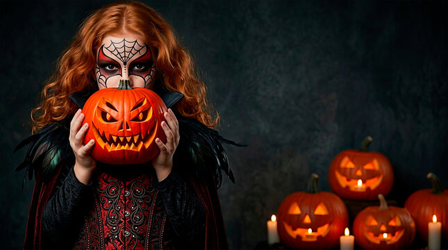 Redheaded girl in gothic witch costume holding a carved glowing halloween pumpkin jack-o-lantern