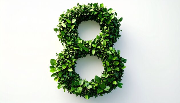 Number eight made of green leaves, isolated on a white background
