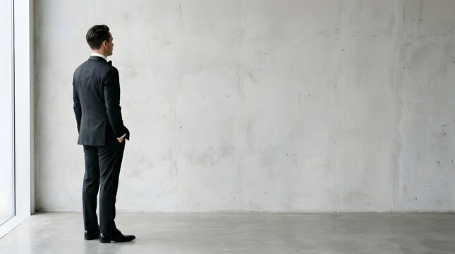 Rear view of elegant man in tuxedo standing by textured wall in soft natural light, clean empty space.
