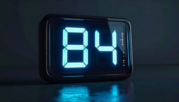 Sleek digital clock showing glowing blue number 84 on a dark background