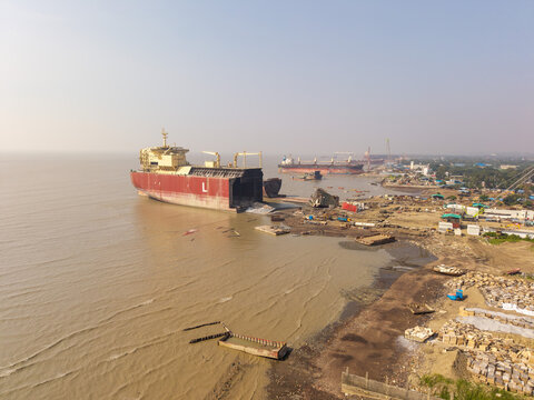 Ship breaking yard and beached cargo ship in Bangladesh 2025