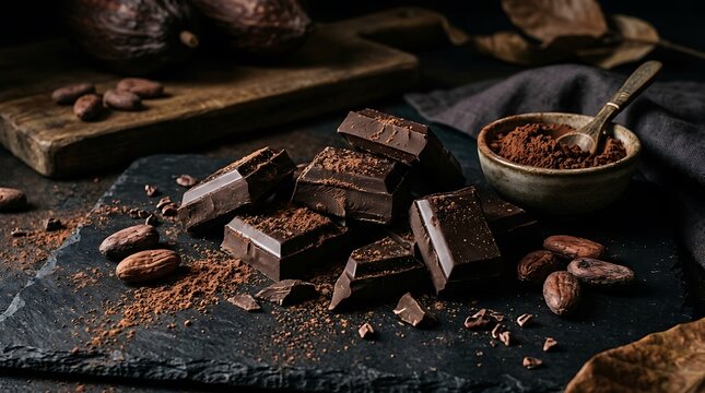 Assorted dark chocolate pieces with cocoa powder and raw beans on a dark slate board