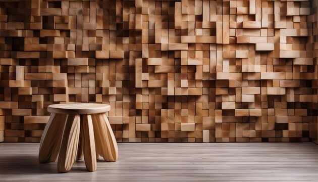 modern stool with tree legs next to wall constructed with geometric wooden bricks