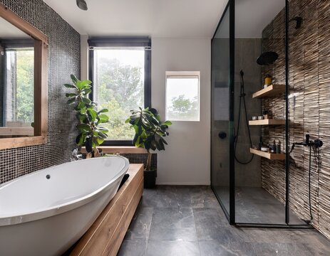 loft interior of spacious wet room with bathtub near window and open walk in shower beside cabinet and sink with mirror against decorated built in shelves on gray marble