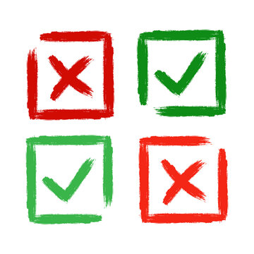 Checkmarks and crosses in red and green hand drawn on transparent background