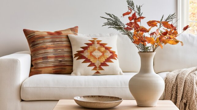 Cozy autumn living room decor with cushions and vase on sofa