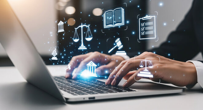 Business Professional Using Laptop with Floating Legal Symbols and Regulatory Checklist with Copy Space &ndash; Corporate Compliance and LegalTech Concept