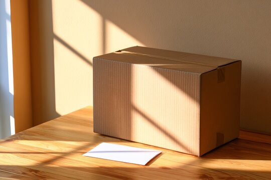 Cardboard box and white envelope sitting on a light wooden table with window shadows