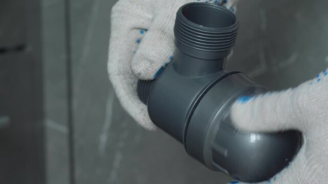A plumber in protective work gloves holds a plastic drain siphon and inspects its parts. Close-up view of assembling wastewater and drainage components for sink installation.