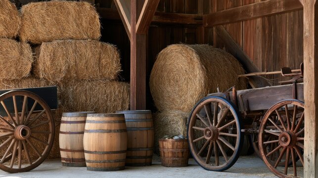Rustic barn interior with hay bales and vintage wooden wagon wheels for farmhouse decor