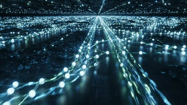 Abstract digital network of glowing blue lights futuristic data stream technology concept infinite connection AI network visualization