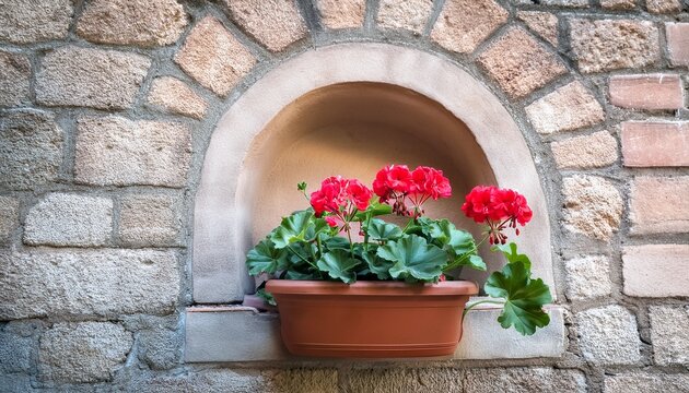 pot with geranium flower in a wall niche