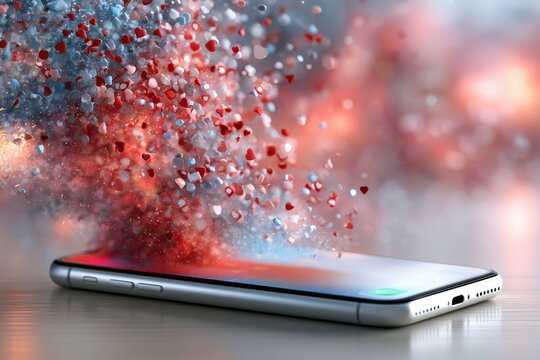 Red particles burst from a sleek phone's screen