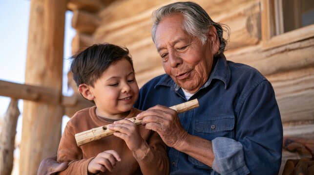 Grandfather sharing musical wisdom with grandson in cozy cabin setting