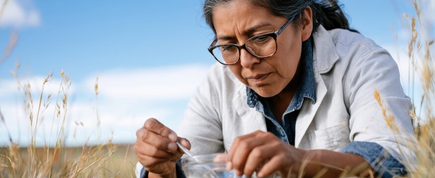 Focused botanist analyzing plant specimen in natural grassland environment for research