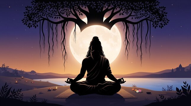 Silhouette of a Yogi Meditating Under a Banyan Tree with Full Moon and River at Sunset