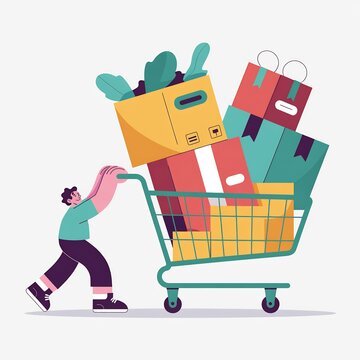 Illustrated person pushing colorful shopping cart filled with bright packaging boxes with cheerful cartoon character energetically pushing large
