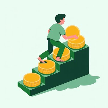 Person climbing success with stacked coin podiums in isometric illustration style with evoking themes achievement financial growth under bright