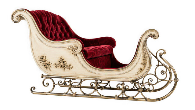 Vintage ornate christmas sleigh with red velvet upholstery isolated on transparent background