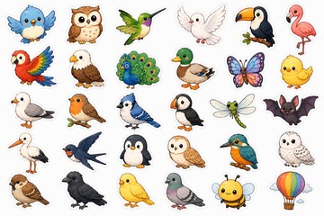 Naklejka premium Collection of colorful bird and insect illustrations with a white background digitally painted