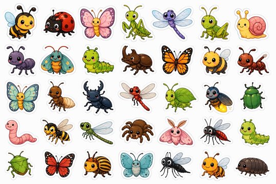 Collection of colorful cartoon insects and invertebrates presented as sticker illustrations beetle